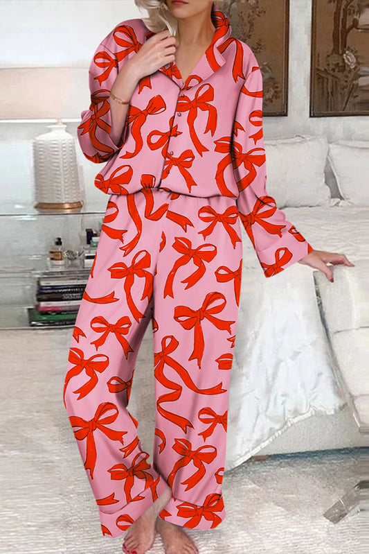 Pink 2pcs Bow Print Shirt Style Long Sleeve Pajama Set - Snoopy's Closet