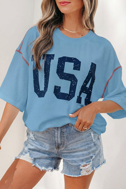 Beau Blue USA Graphic Half Sleeve Loose Ribbed Top