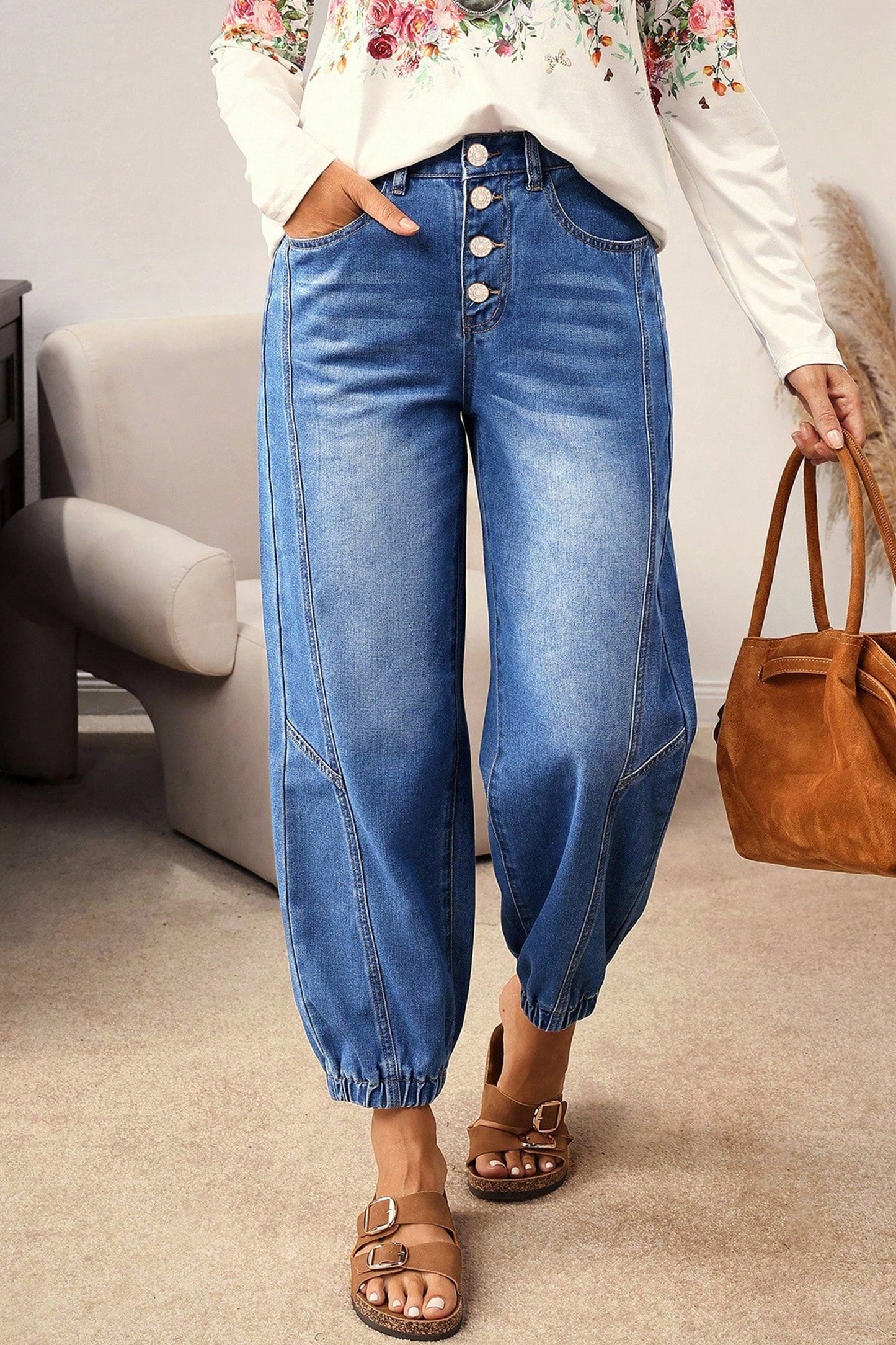 Blue 4 Buttons Front Tapered Casual Loose Fit Jeans - Snoopy's Closet