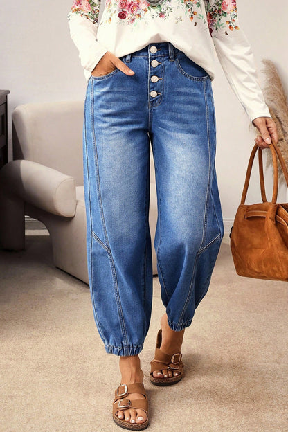 Blue 4 Buttons Front Tapered Casual Loose Fit Jeans - Snoopy's Closet