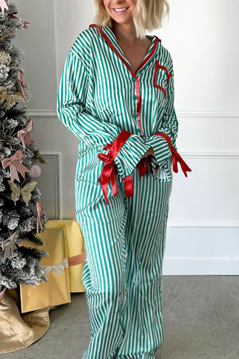 Green Stripe Contrast Velvet Trim Bow Knot Waist 2pcs Pajama Set - Snoopy's Closet
