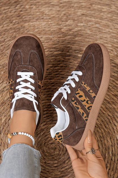 Coffee Contrast Lace-up Leopard Patchwork Detail Faux Suede Shoes - Snoopy's Closet