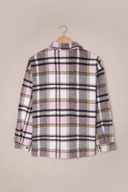 Chaqueta camisera rosa con estampado de cuadros geométricos y bolsillos