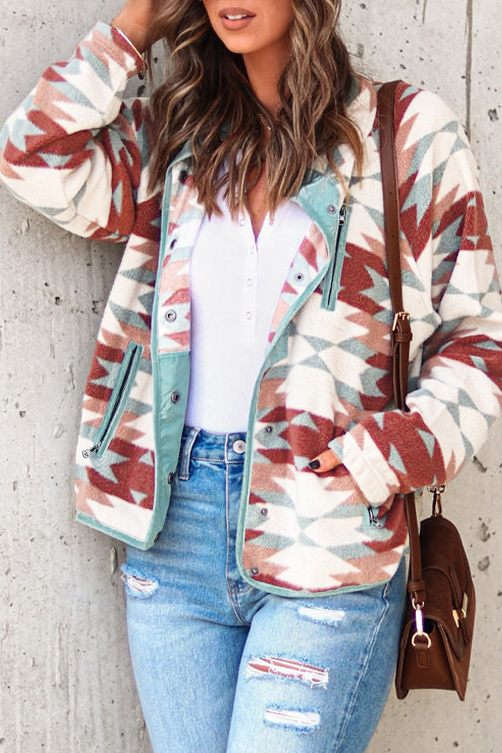 Chaqueta de forro polar con cremallera y botones, diseño azteca del oeste, color rojo fuego