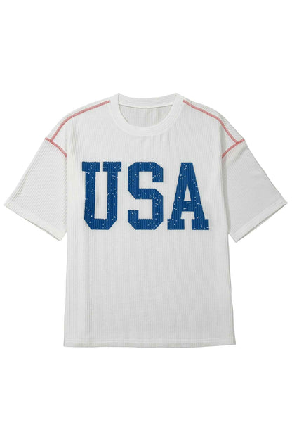 Beau Blue USA Graphic Half Sleeve Loose Ribbed Top