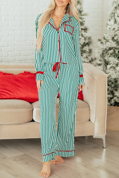 Green Stripe Contrast Velvet Trim Bow Knot Waist 2pcs Pajama Set - Snoopy's Closet