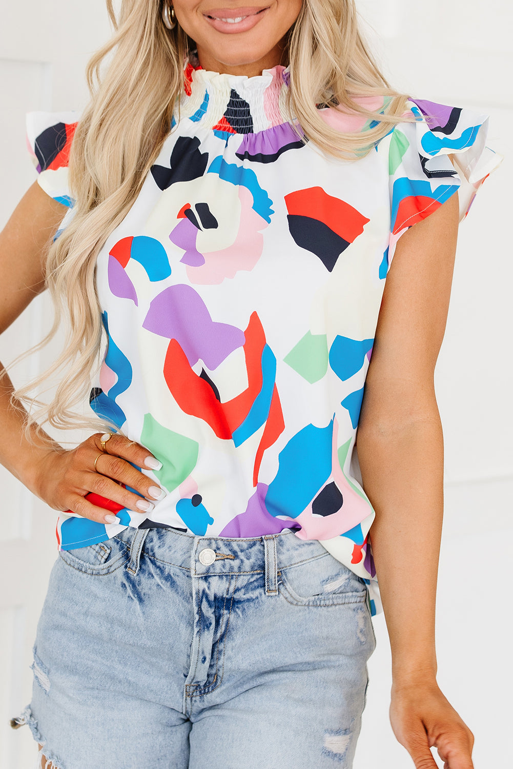 Multicolor Abstract Print Ruffle Sleeve Smocked Blouse - Snoopy's Closet