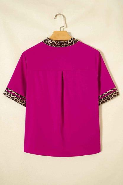 Violet Leopard Patchwork Trim Split Neck Short Sleeve Blouse