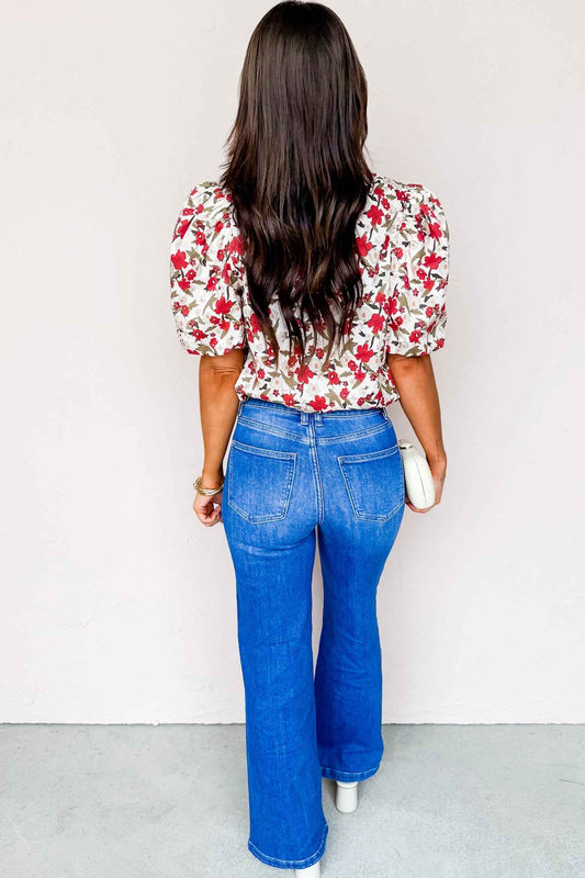 Red Floral Print Short Puff Sleeve Button Front Shirt