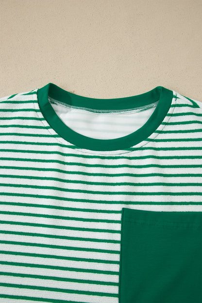 Sky Blue Stripe Crew Neck Tee Drawstring Waist Cropped Pants Set - Snoopy's Closet