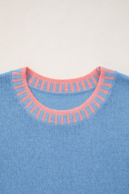 Sky Blue Contrast Trim Round Neck Sleeveless Sweater - Snoopy's Closet