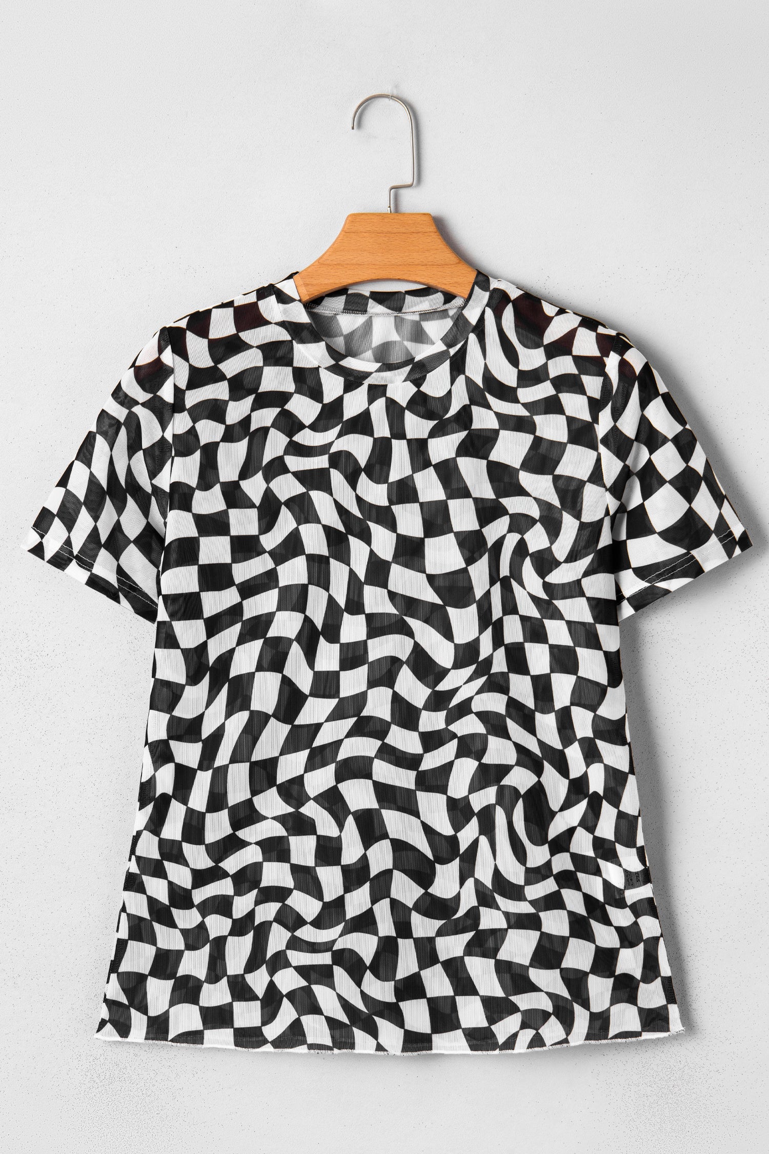 Black Checkered Print Crew Neck Mesh T Shirt - Snoopy's Closet