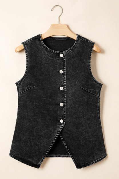 Chaleco vaquero negro con botones delanteros y abertura