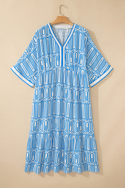 Vestido largo con estampado geométrico de talla grande en azul cielo con ribete en contraste y cuello en V de manga pulsera