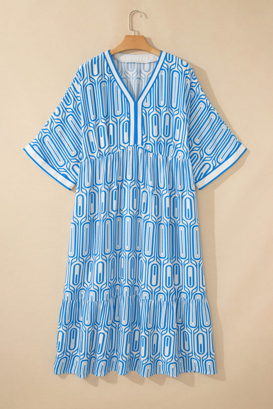 Vestido largo con estampado geométrico de talla grande en azul cielo con ribete en contraste y cuello en V de manga pulsera