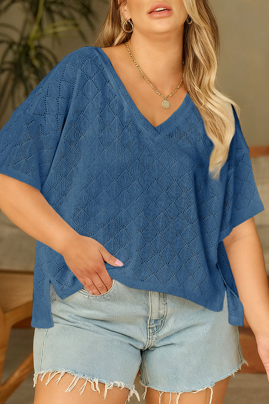 Top suelto con cuello en V de punto calado de rombos azul cielo talla grande