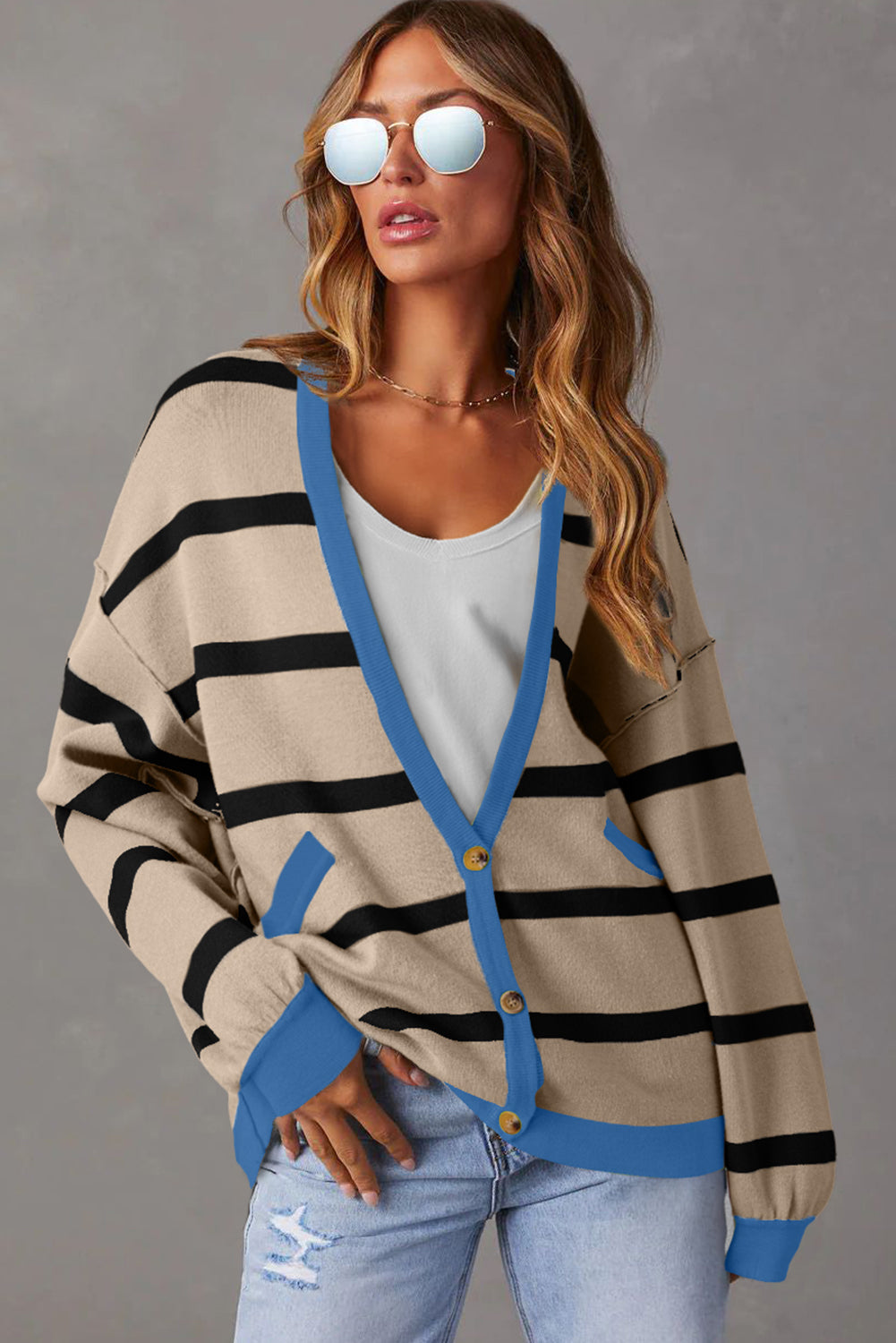 White Colorblock Drop Shoulder Buttoned Loose Cardigan - Snoopy's Closet