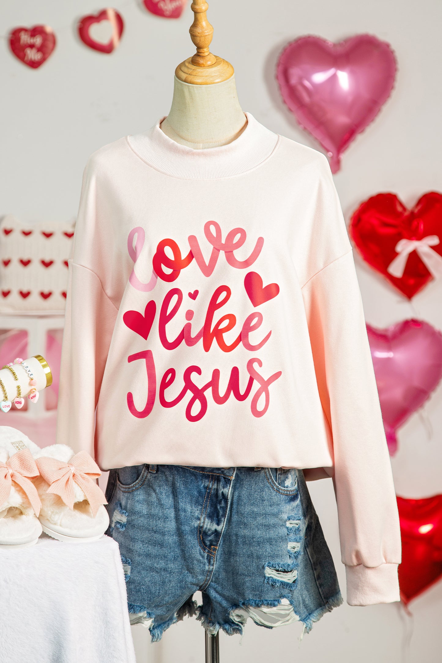 Light Pink love like Jesus Valentines Day Mock Neck Sweatshirt - Snoopy's Closet