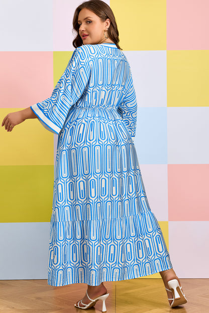 Vestido largo con estampado geométrico de talla grande en azul cielo con ribete en contraste y cuello en V de manga pulsera
