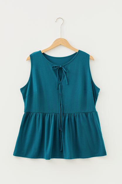 Top sin mangas peplum con lazo liso talla grande azul zafiro