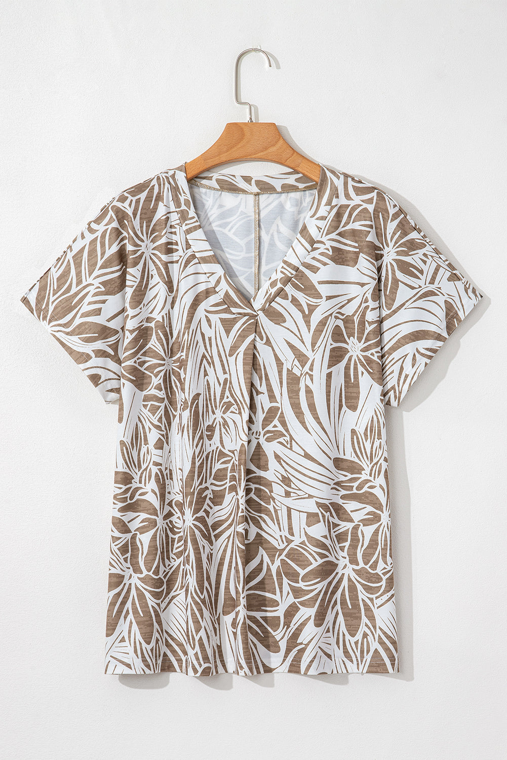 Khaki Floral Print V Neck Short Sleeve Loose Fit Blouse - Snoopy's Closet