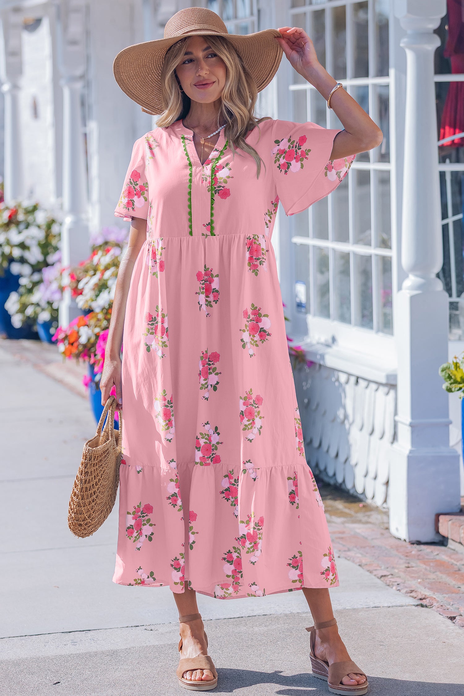 Pink Notched Neck Flutter Short Sleeve Floral Print Maxi Dress - Snoopy's Closet