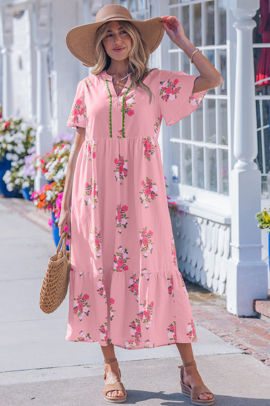 Pink Notched Neck Flutter Short Sleeve Floral Print Maxi Dress - Snoopy's Closet