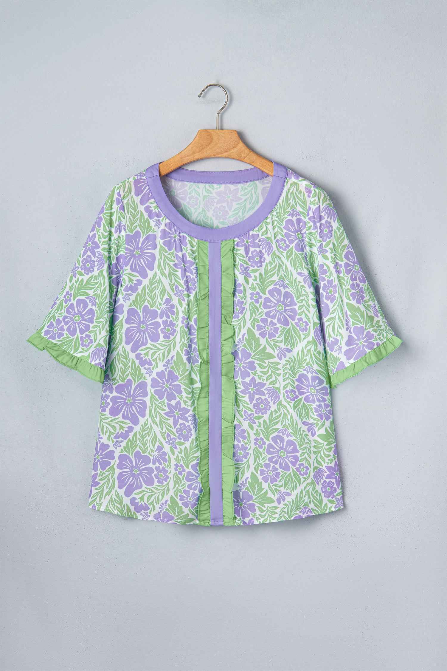 Sky Blue Floral Print Ruffled Color Block Trim Half Sleeve Blouse