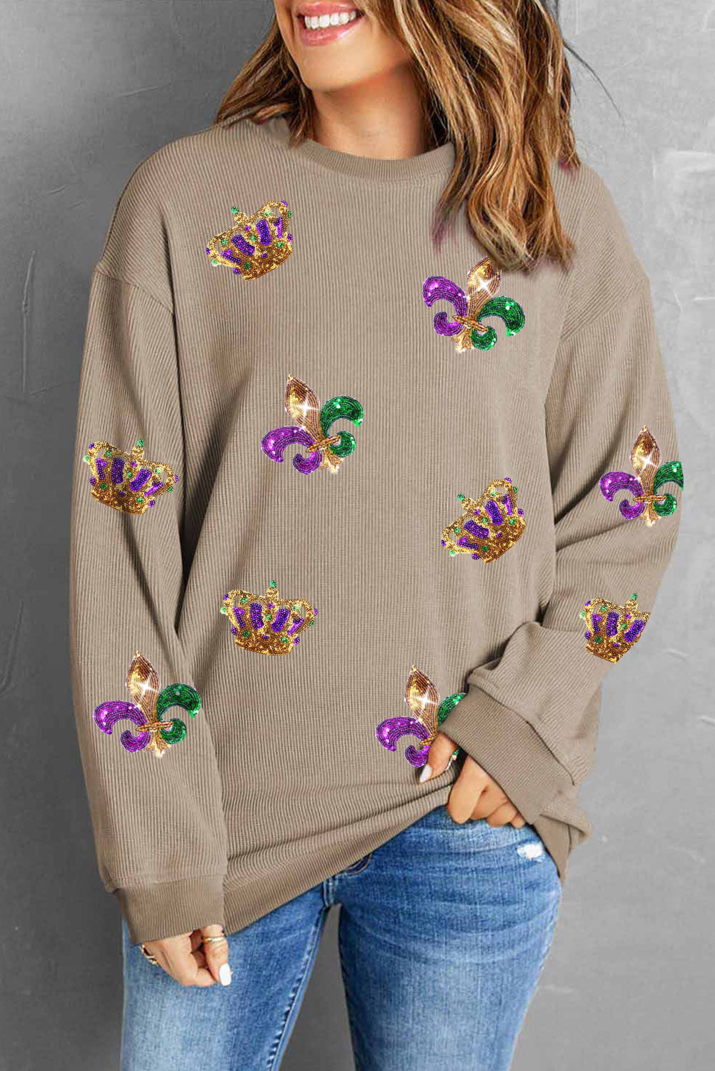 Sudadera con cordones con corona de lentejuelas Fleur De Lis color caqui de Mardi Gras