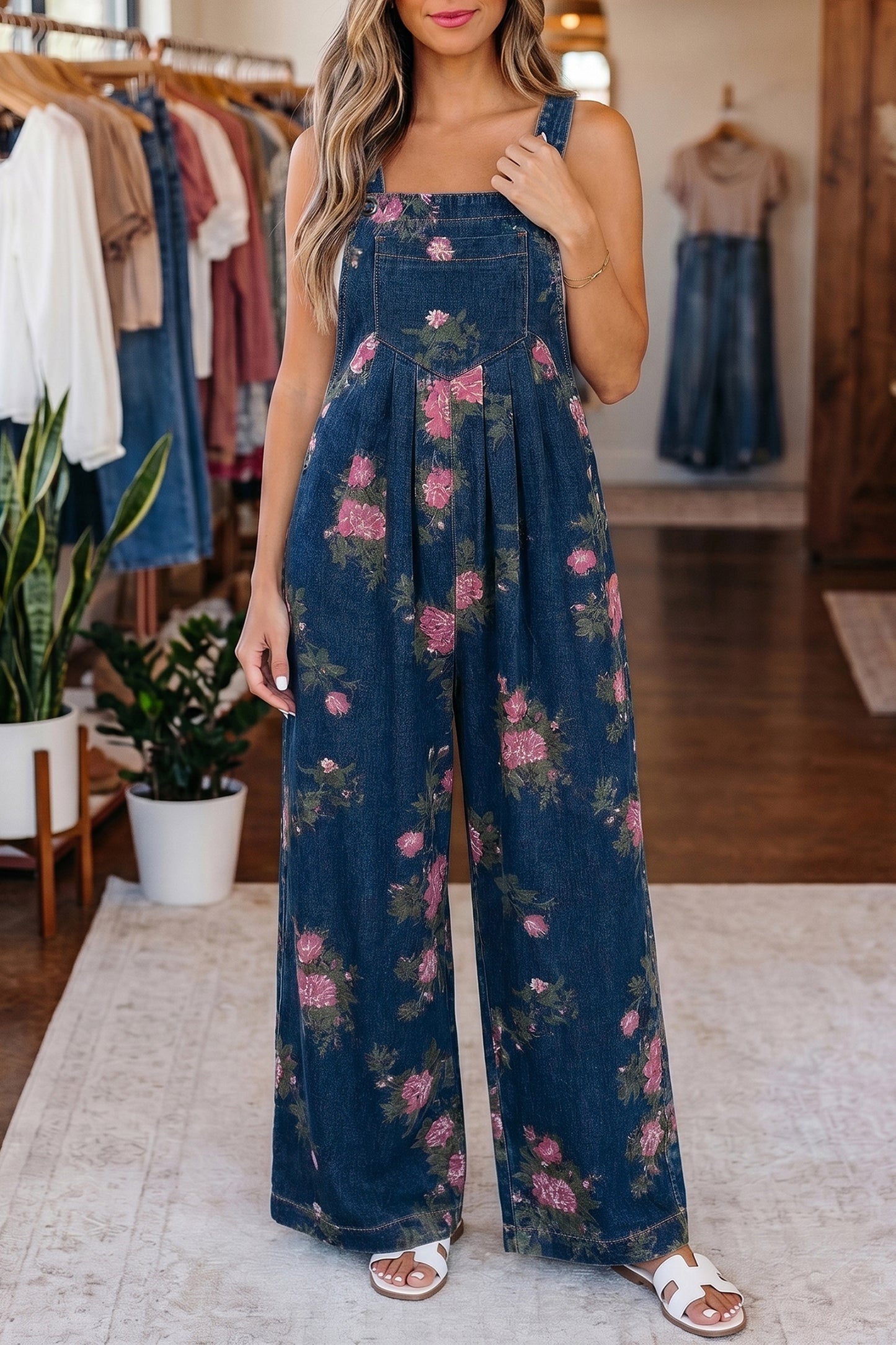 Mono vaquero plisado de pernera ancha y talle alto con estampado floral Blue Beau