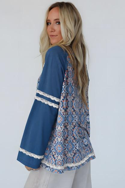 Blue Geometric Printed Lace Patchwork Ric Rac Raglan Long Sleeve Top - Snoopy's Closet