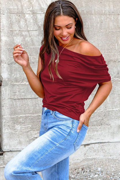 Burgundy Plus Size Solid Color Asymmetric Neck Short Sleeve Blouse - Snoopy's Closet