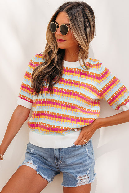 Orange Abstract Striped Knit Short Sleeve Sweater - Snoopy's Closet