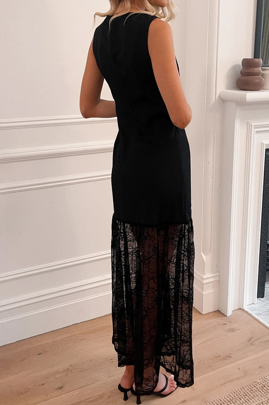 Vestido largo sin mangas de encaje floral transparente en color negro liso