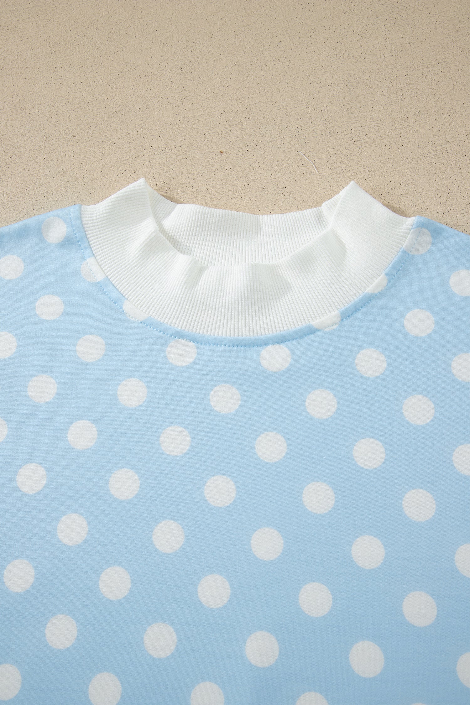 Sky Blue Polka Dot Print Color Block Trim Mock Neck Short Set - Snoopy's Closet