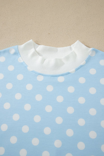 Sky Blue Polka Dot Print Color Block Trim Mock Neck Short Set - Snoopy's Closet