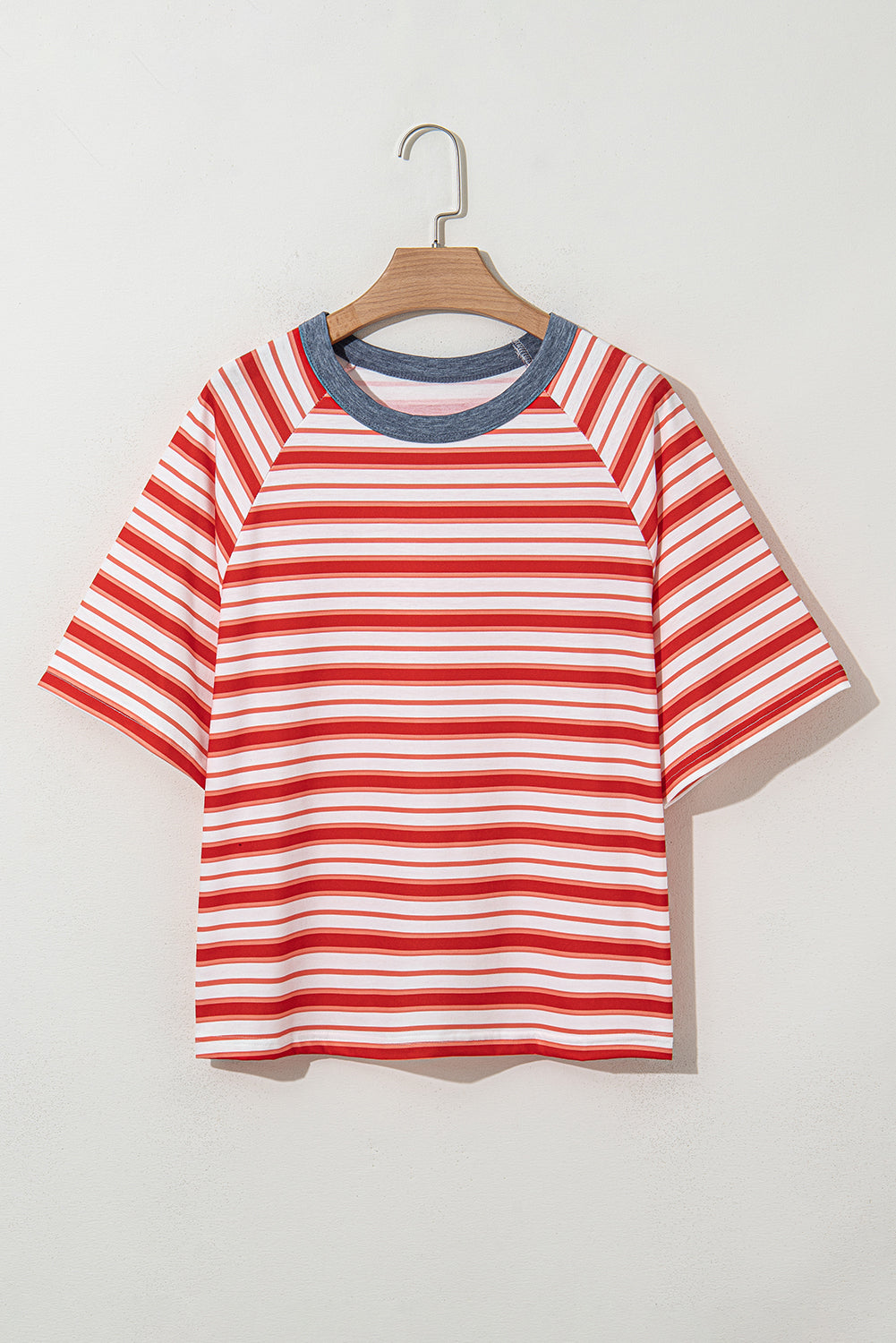 Tomato Red Stripe Print Contrast Collar Raglan Sleeve T Shirt - Snoopy's Closet