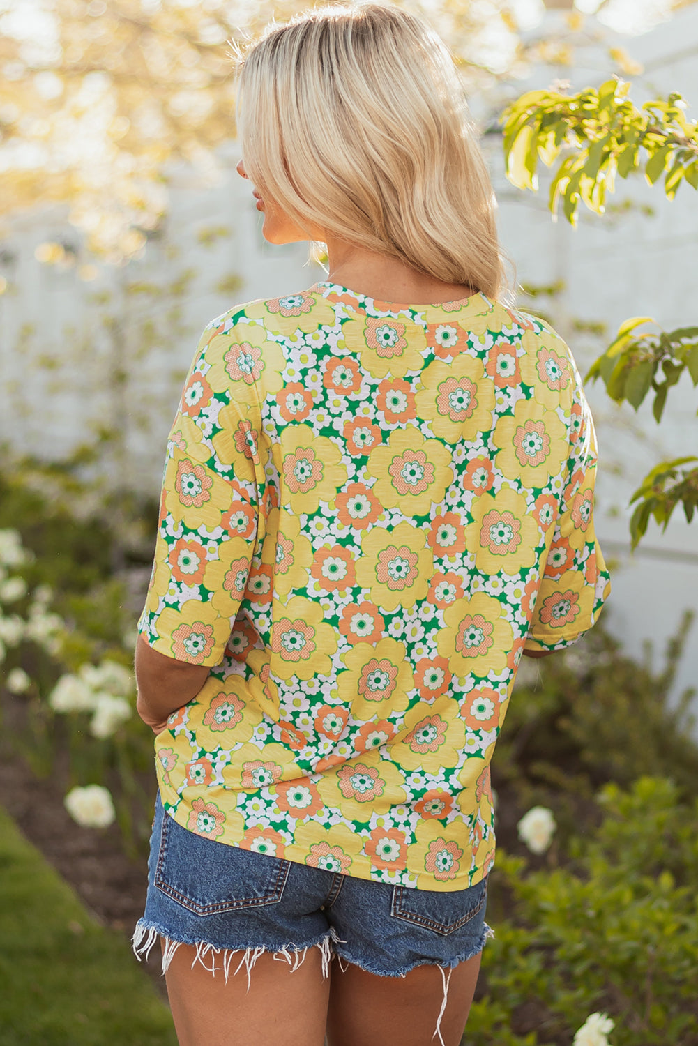 Yellow Summer Flower Printed Drop Shoulder Loose T Shirt - Snoopy's Closet