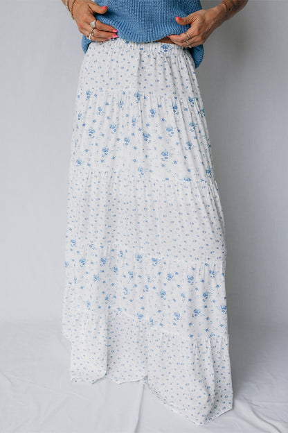 Falda larga bohemia de cintura alta azul cielo con estampado floral pequeño