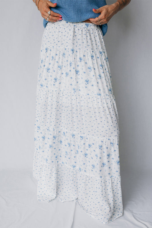 Falda larga bohemia de cintura alta azul cielo con estampado floral pequeño