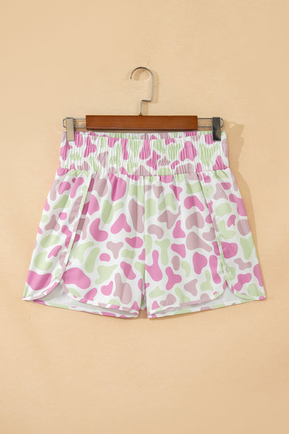Green Camouflage Print Shirred High Waist Athleisure Shorts - Snoopy's Closet