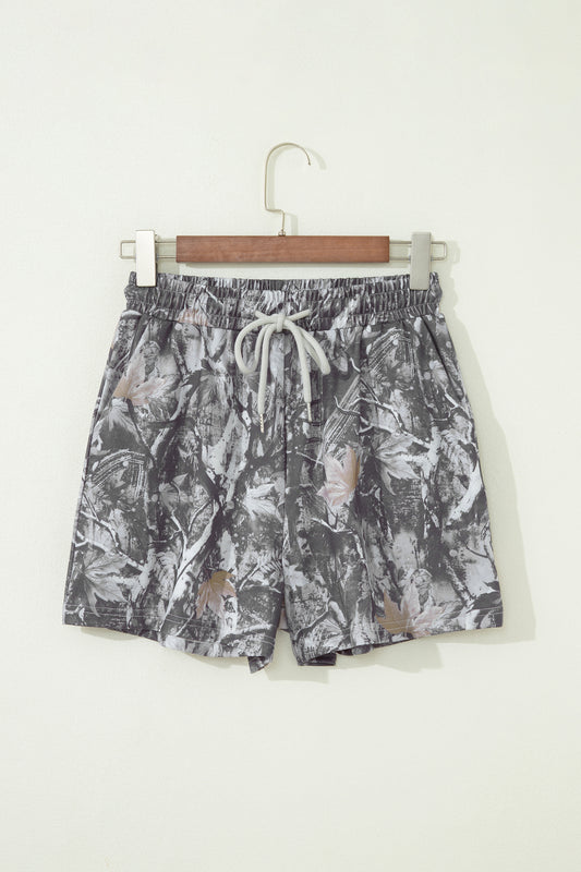 Pantalón Corto Elástico con Estampado de Hojas de Arce Abstractas Grises