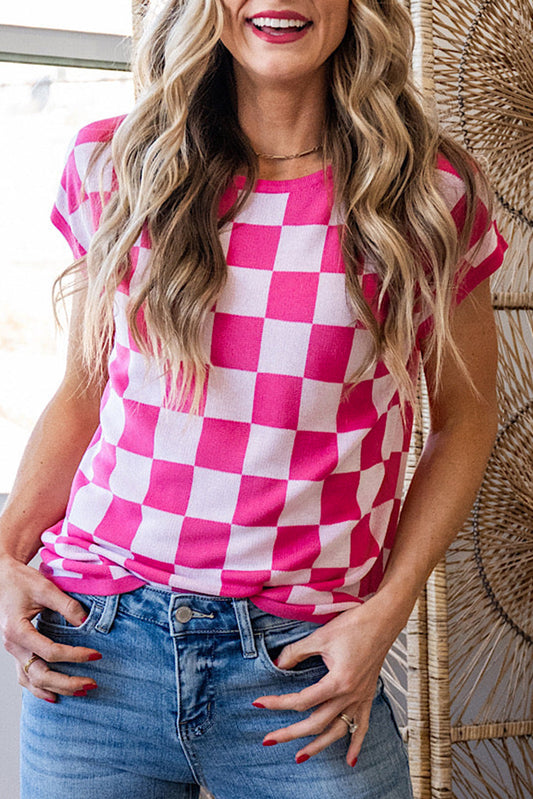 Rose Check Pattern Cap Sleeve Knitted Sweater - Snoopy's Closet
