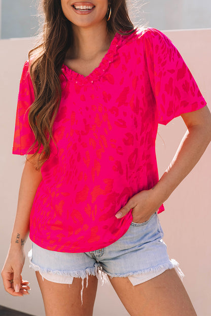 Rose Leopard Frilly V Neck Short Sleeve Blouse - Snoopy's Closet