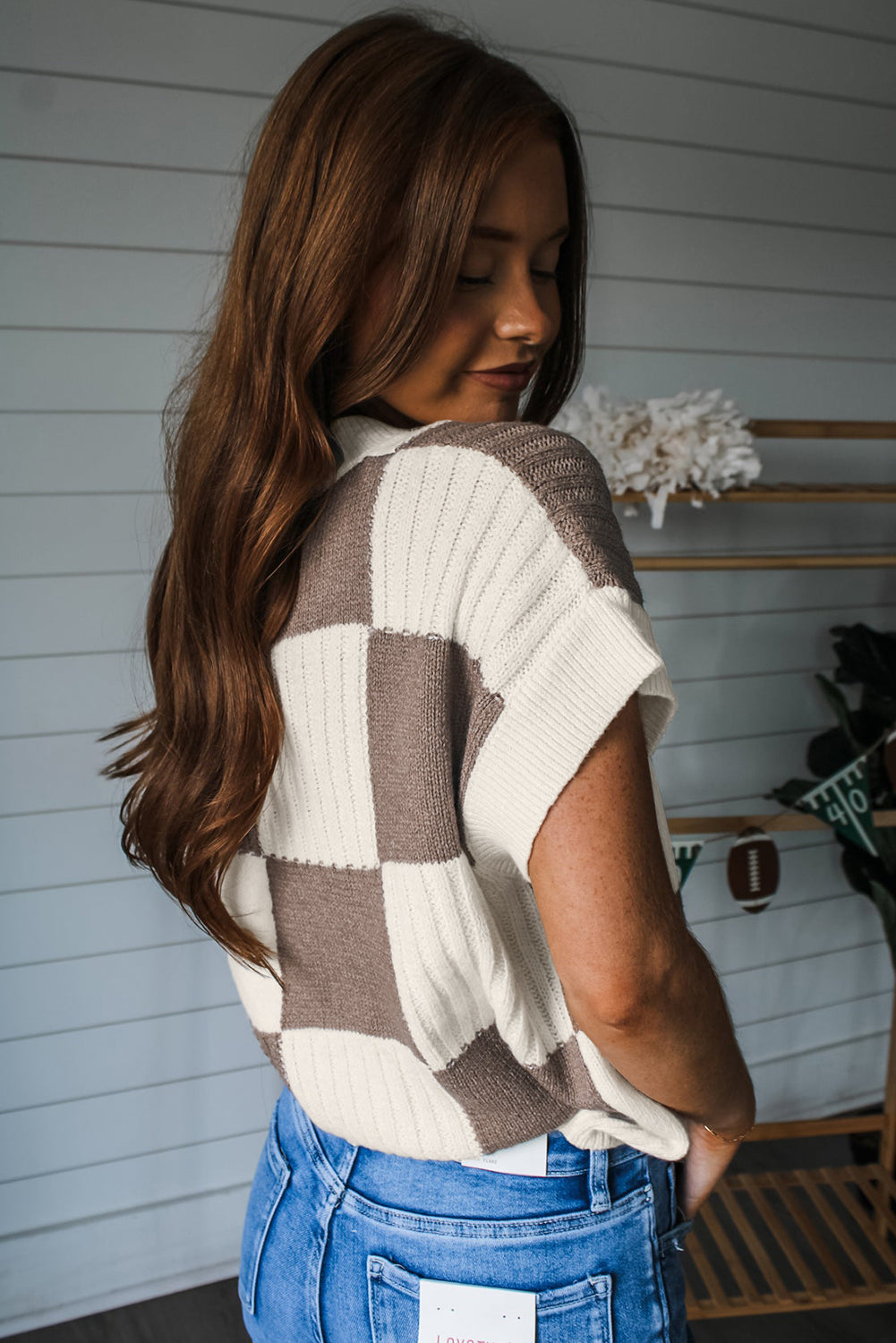 Light Blue Checkered Color Block Crew Neck Short Sleeve Sweater - Snoopy's Closet