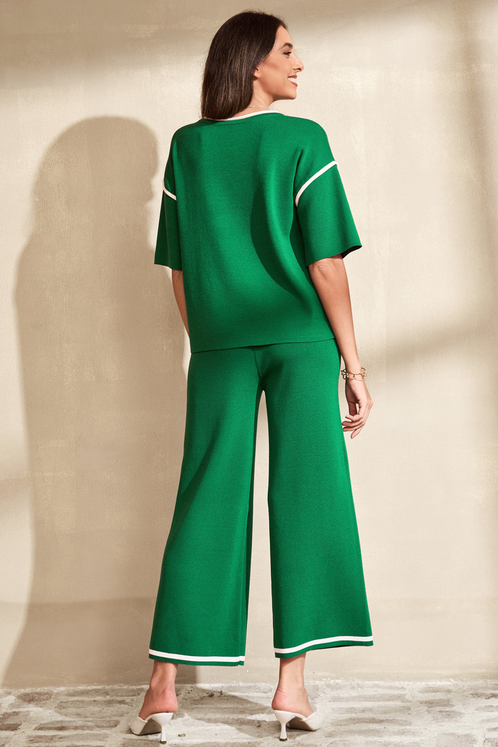 Blackish Green Contrast Trim Half Sleeve Top Drawstring Pants Loose 2pcs Sweater Suit - Snoopy's Closet