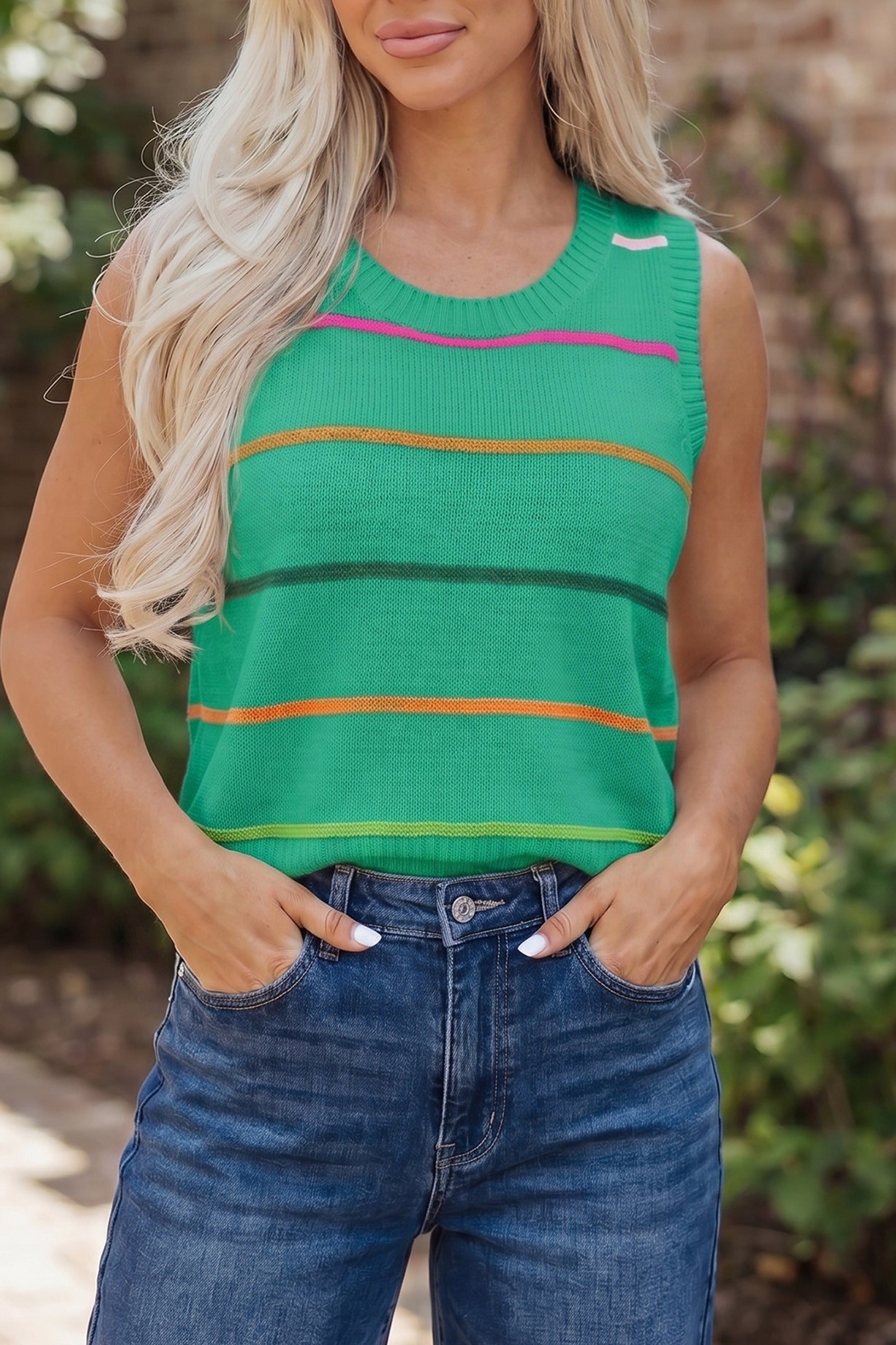 Green Stripe Round Neck Knitted Sweater Tank - Snoopy's Closet