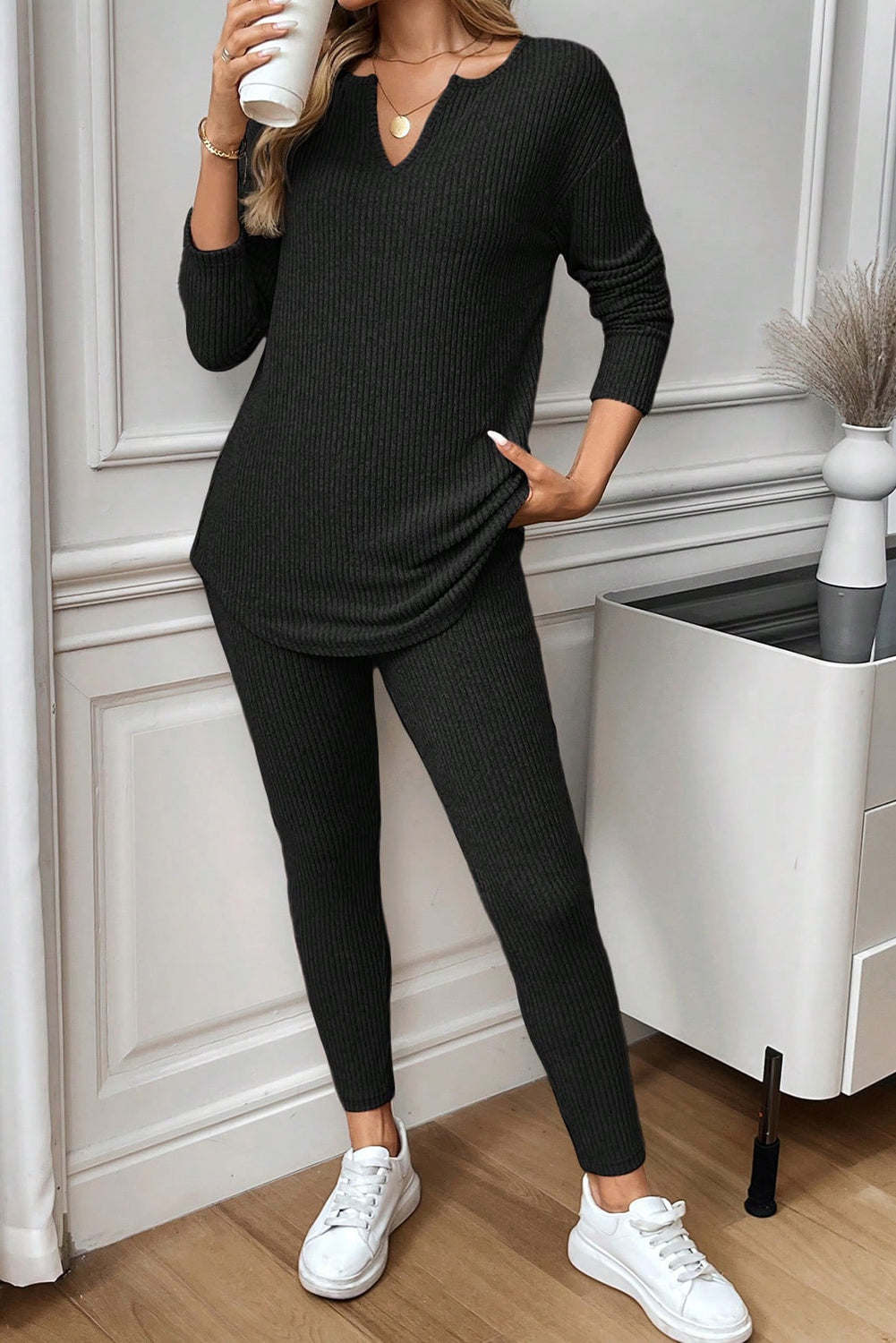 Black Ribbed Notched Neck Knit Long Sleeve Leggings Two Pieces Lounge Set - Snoopy's Closet