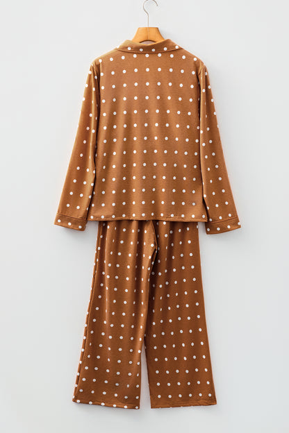 Brown Polka Dot Print Long Sleeve Shirt Pant 2pcs Pajama Set - Snoopy's Closet