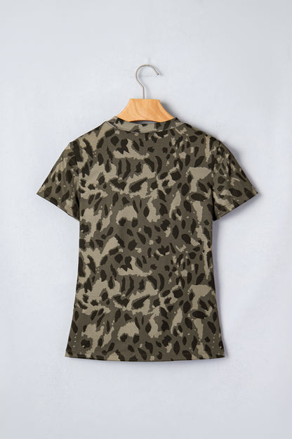 Brown Retro Leopard Print Mock Neck Slim Tee - Snoopy's Closet